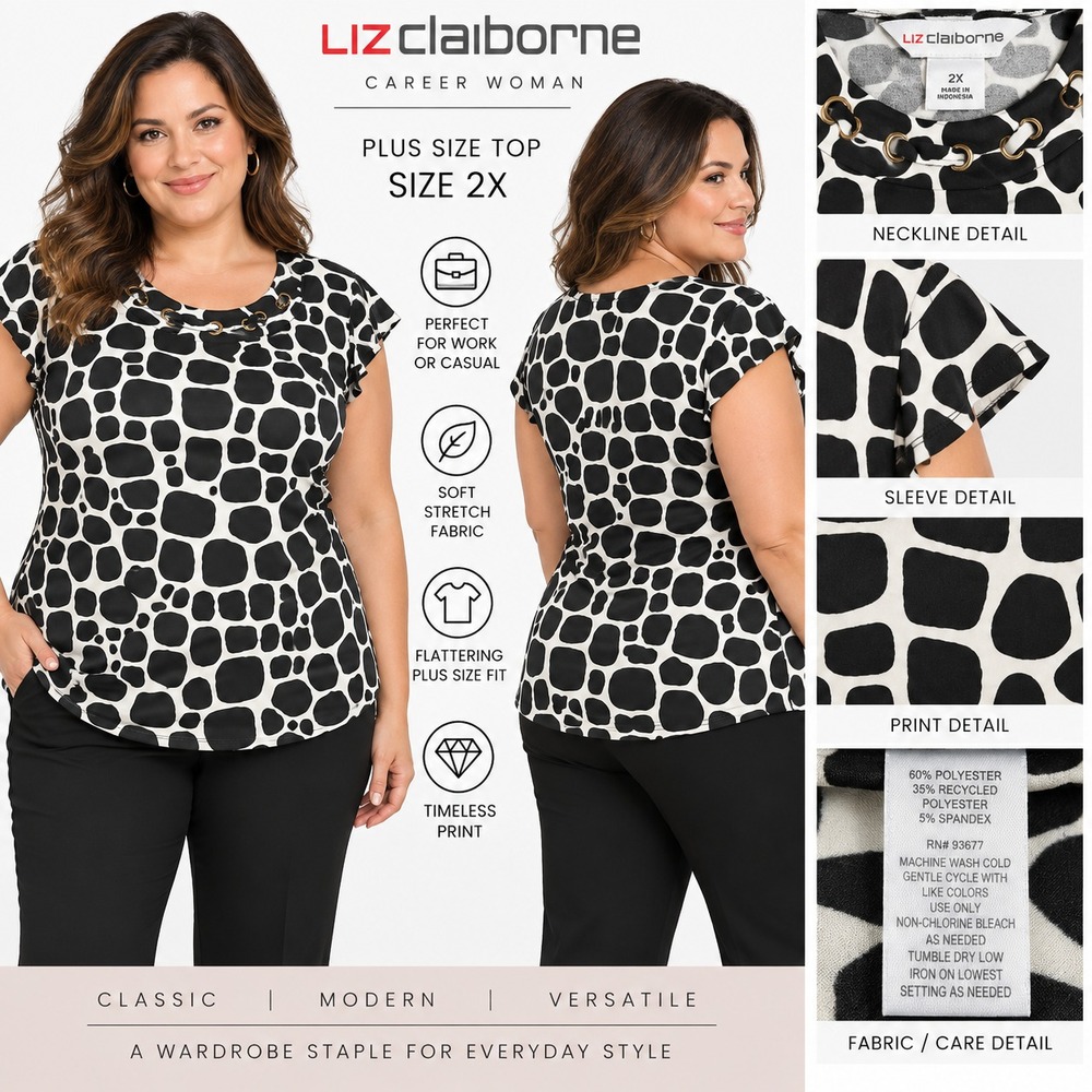 Liz Claiborne Women's 2X Blouse Black White Short Sleeve Geometric Print Shirt